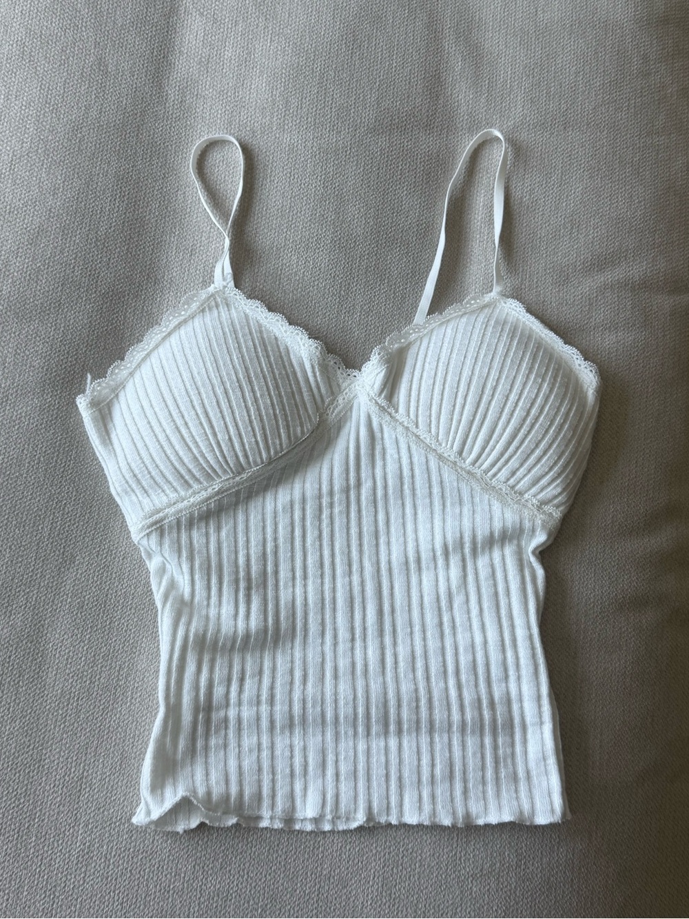 Ribbed Lace-Trim White Cami Tank Top